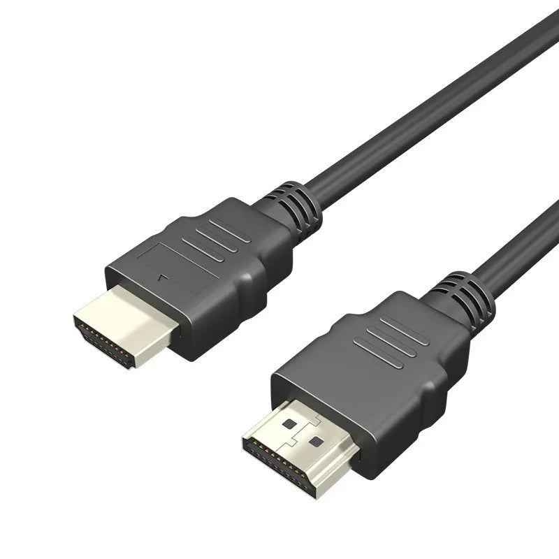 Black HDMI data cable with metal connectors for connecting a set-top box to a television.