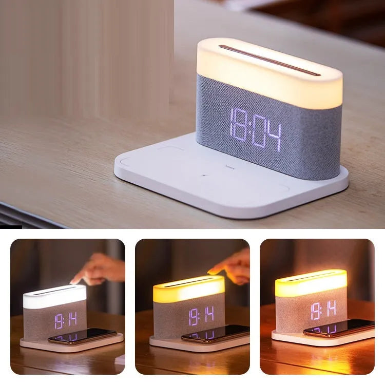 Black and white multifunction wireless charging bedside lamp with digital clock display