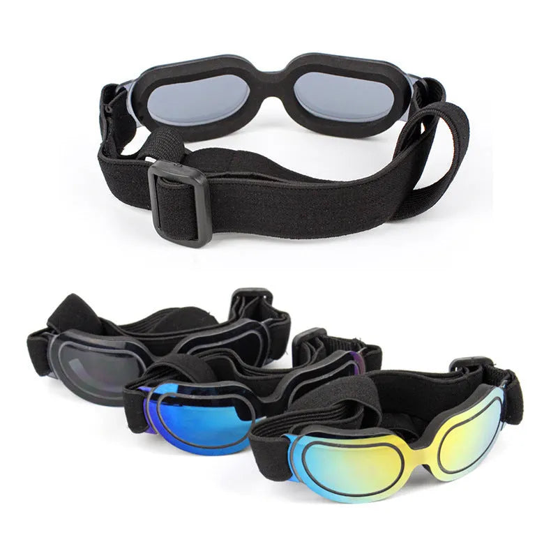 Colourful pet sunglasses for dogs and cats with PC frame, shown in Dazzle, black, blue, and silver colourways
