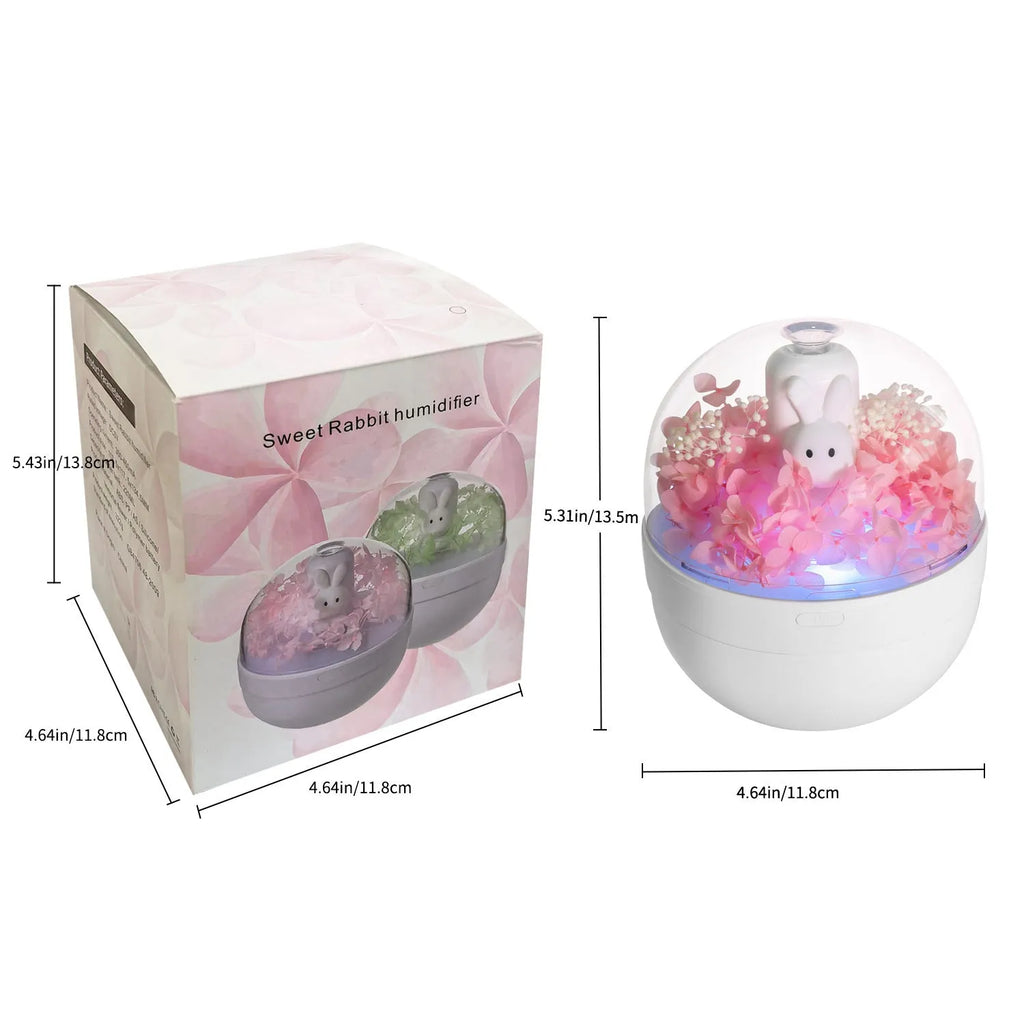 Pink rabbit-shaped preserved flower aromatherapy humidifier with essential oil diffuser
