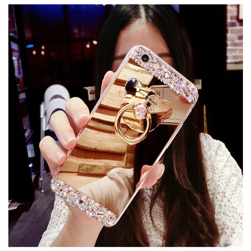 Silicone phone case with drill mirror, holder, and handmade rhinestones, in rose gold, silver, or tyrant gold for iPhone 11, 12, 13, 6, 7, 8, X, XR, XS Max.