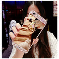 Silicone phone case with drill mirror, holder, and handmade rhinestones, in rose gold, silver, or tyrant gold for iPhone 11, 12, 13, 6, 7, 8, X, XR, XS Max.