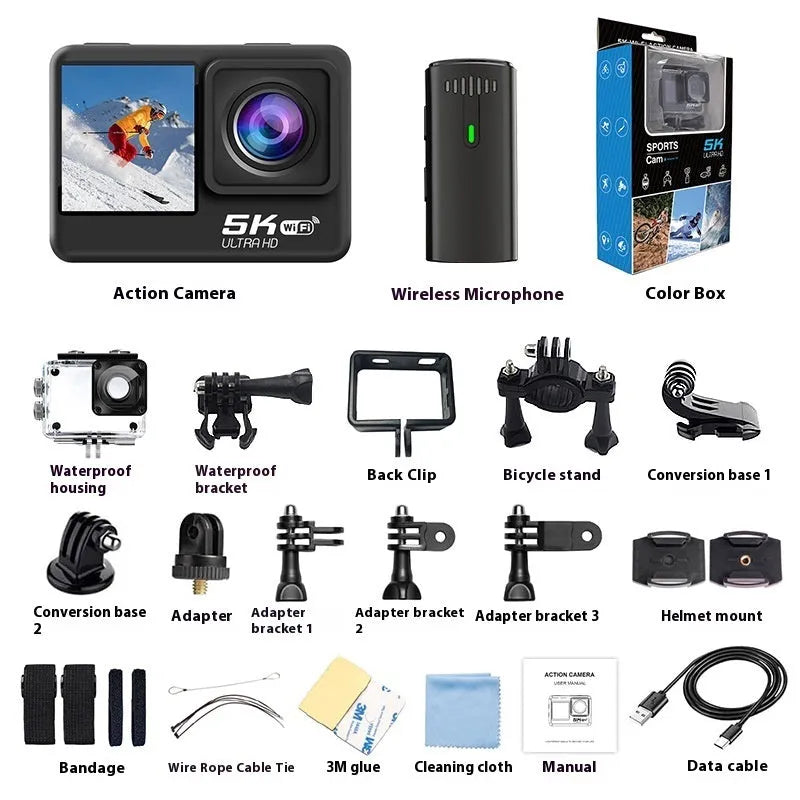 Compact 5K sports camera with wireless microphone and anti-shake technology in black ABS body