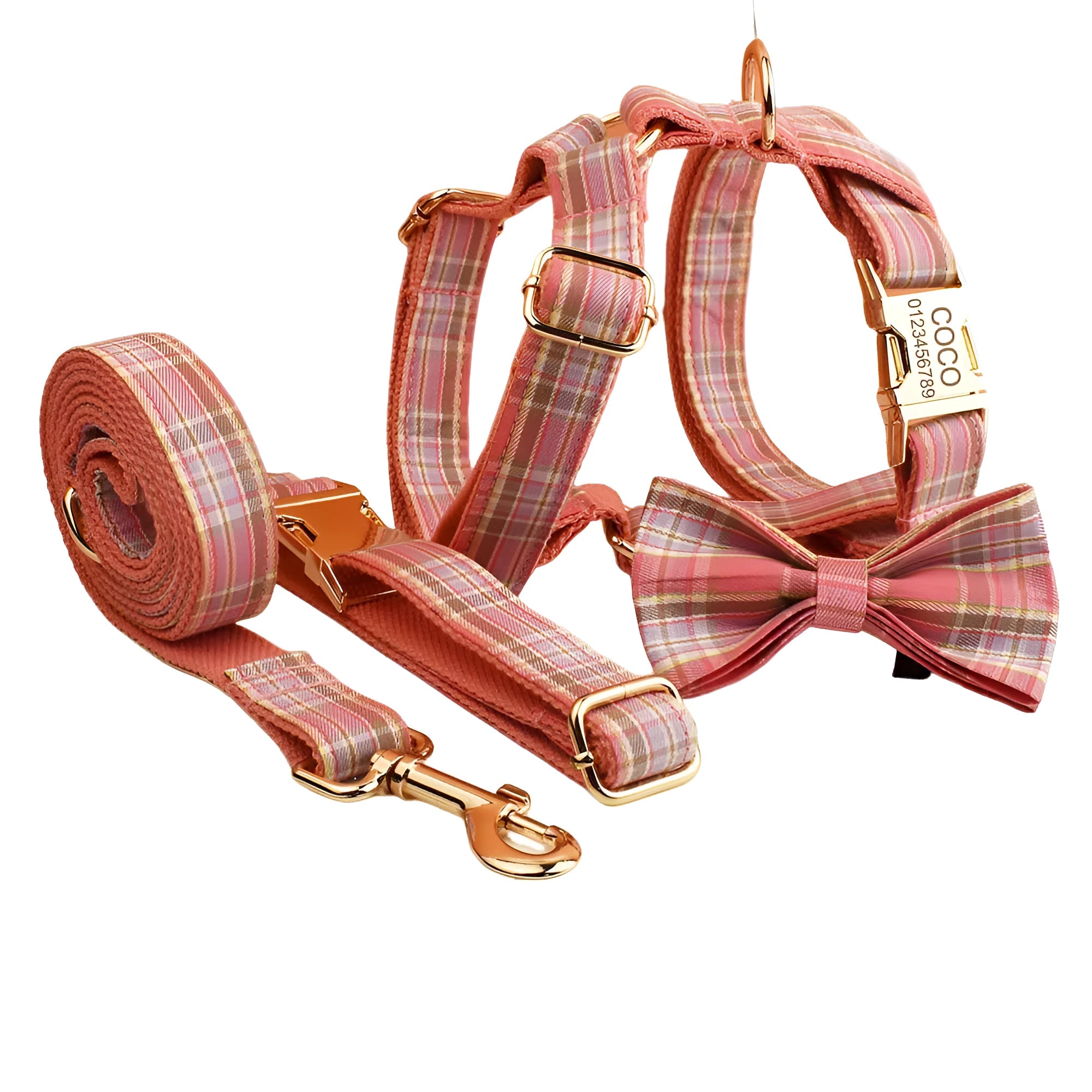 Plaid pattern dog collar and matching lead set with bandana accessory in multiple colour options