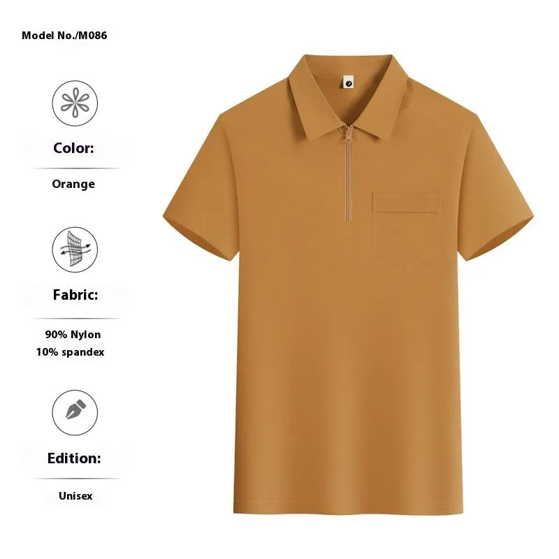 Short sleeve silver grey nylon shirt with a zipper pocket on the lapel.