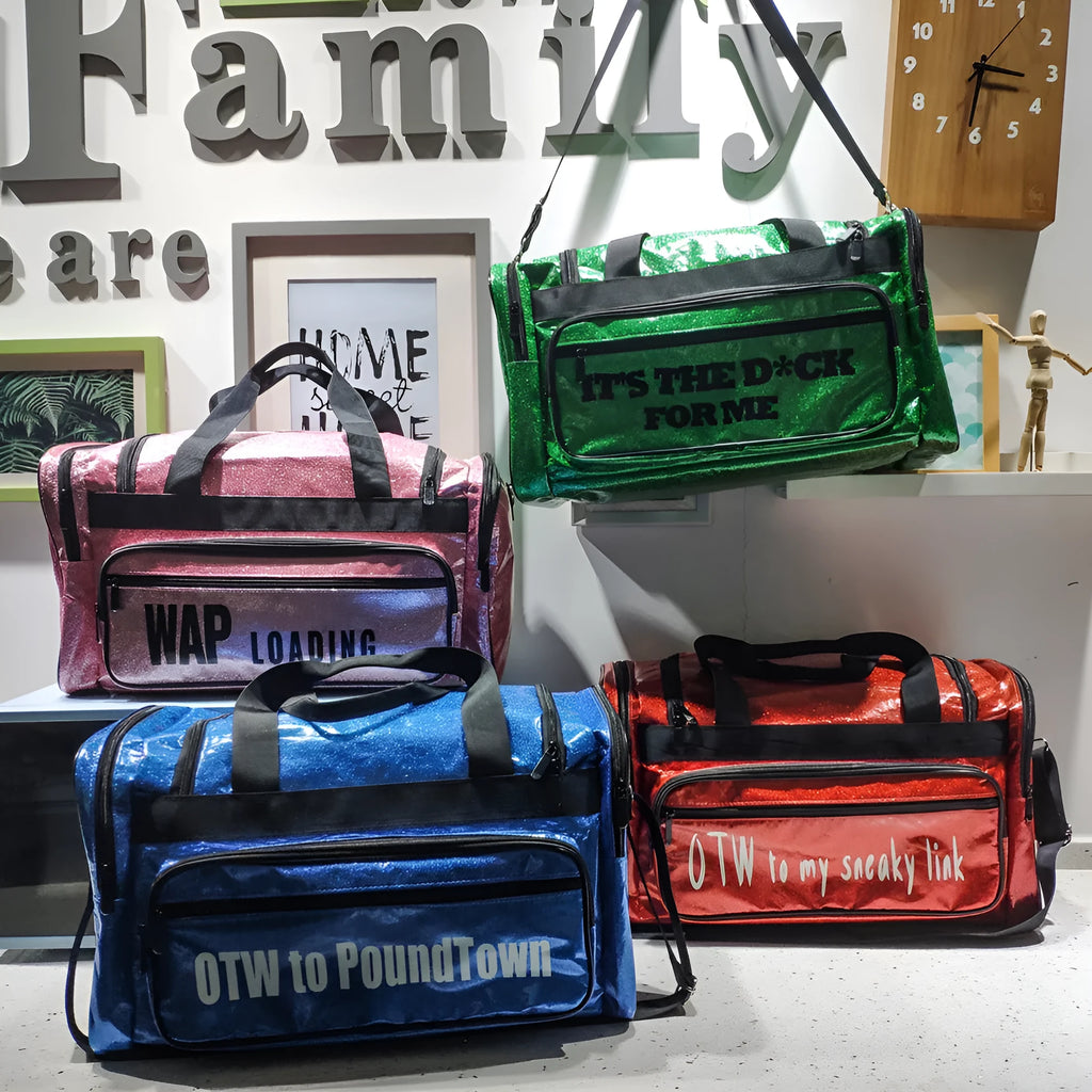 Large silver PU leather sports handbag with letter detailing showing interior compartments
