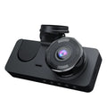 Black car dashboard camera with wide-angle lens and touchscreen display for vehicle recording