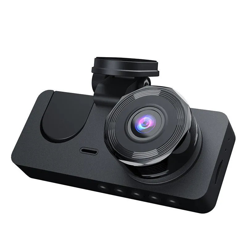 Black car dashboard camera with wide-angle lens and touchscreen display for vehicle recording