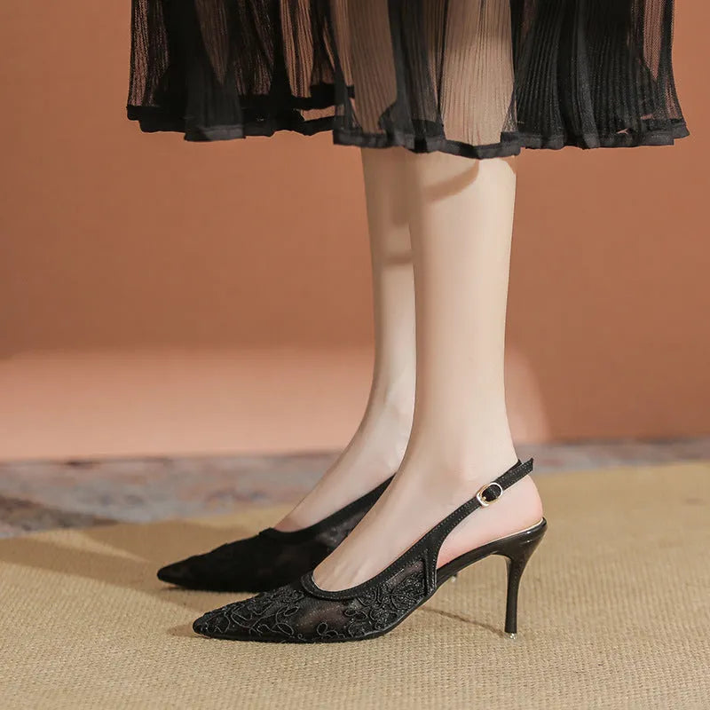 Lace hollow-out mesh pointed high heels in black with a single buckle strap and 5cm heel