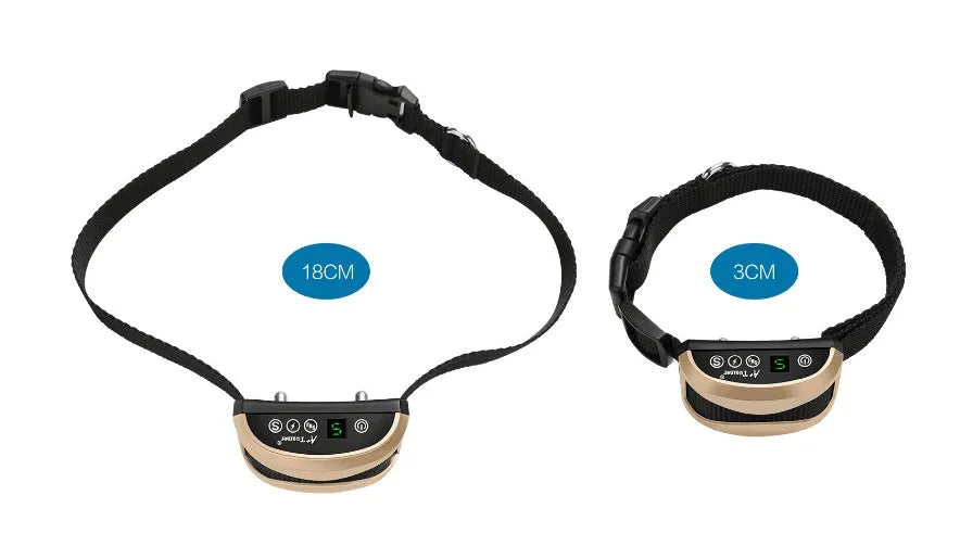 Electronic bark collar with digital display showing correction level on adjustable nylon strap