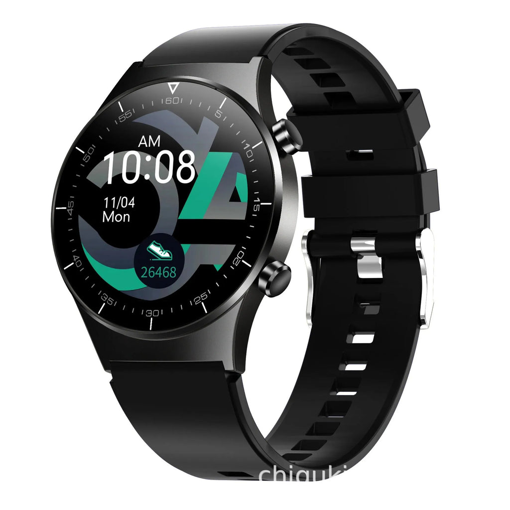 Black smartwatch with health monitoring on a TPU wristband showing a 1.28-inch touch screen.