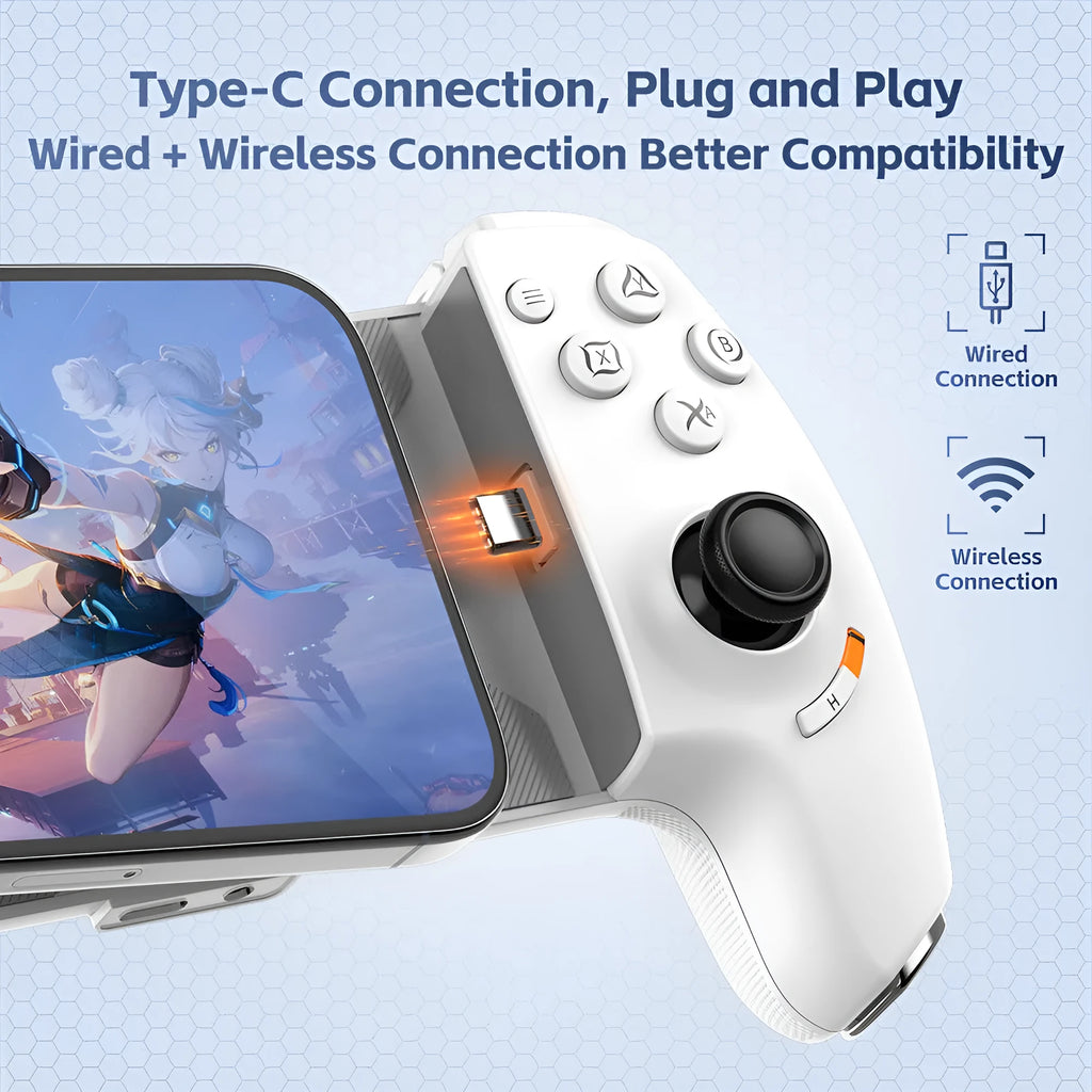 White Type-C and Bluetooth gaming controller with Hall joystick, 115-193mm stretch and anti-slip grip