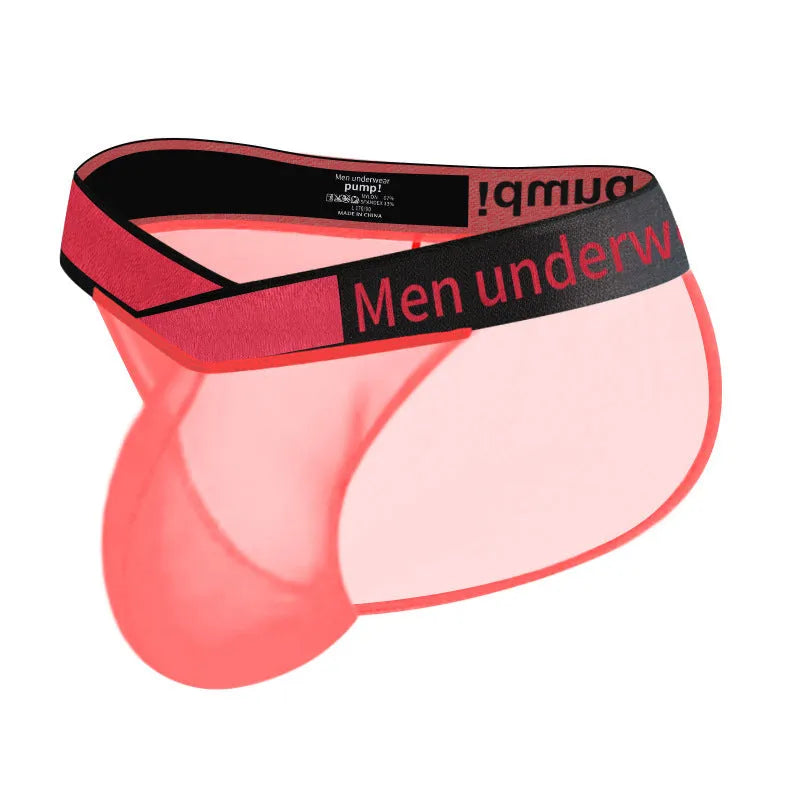 Men's transparent ice silk briefs in red, showing low waist and high-cut leg design.