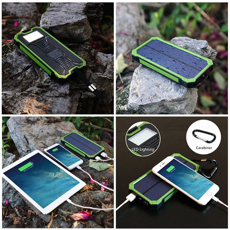 Solar power bank in orange, green, black or yellow with universal charging cable, showing solar panel.