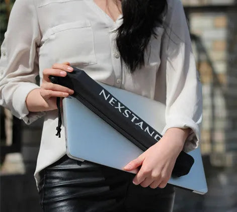 Black folding laptop stand with reinforced nylon construction shown in open and folded positions