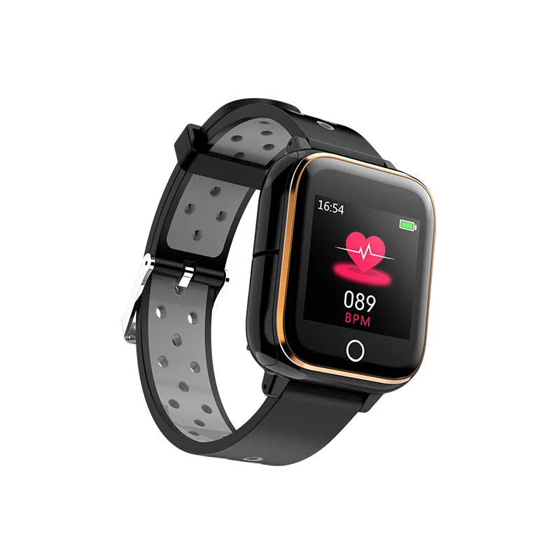 Black smartwatch bracelet with built-in Bluetooth earbuds showing a 1.4-inch screen displaying heart rate data.