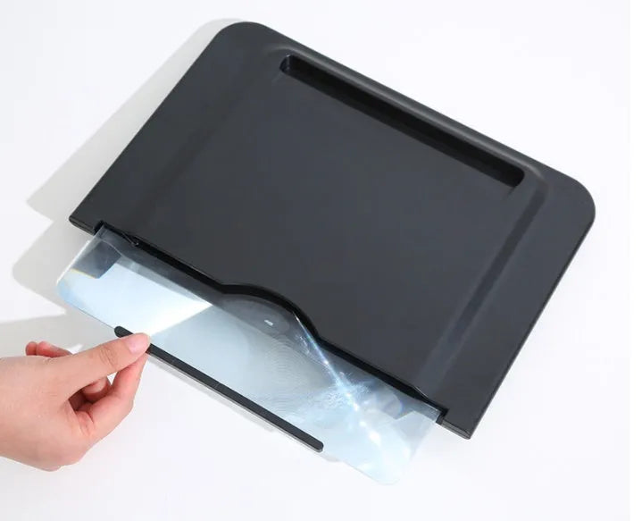Black and white 12-inch pull-out screen amplifier showing horizontal and vertical positioning with mobile phone