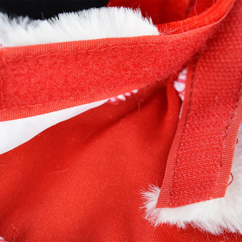 Red dog Christmas costume with faux fur trim shown on a dog, available in sizes XS to L with measured back lengths.