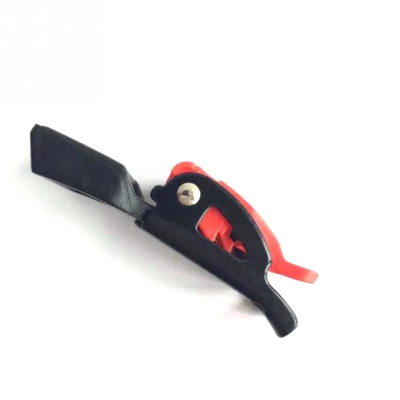 Three black and red plastic helmet chin strap quick-release buckles with buckle mechanism visible