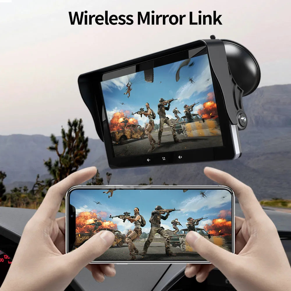 7 inch wireless CarPlay display mounted on a car windscreen with suction cup, showing iPhone apps on screen.