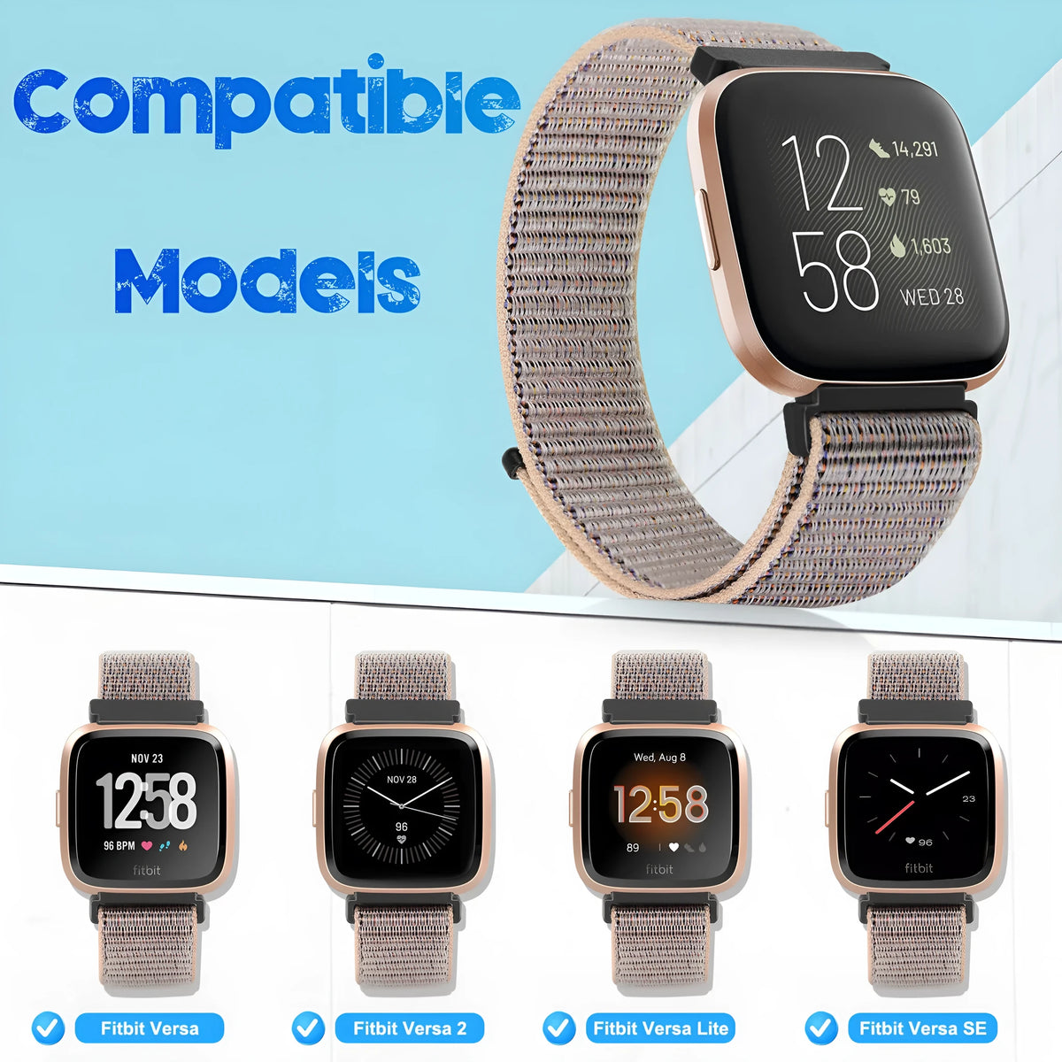 Nylon loop velcro watch band for Fitbit Versa 2 Sense 2 in black