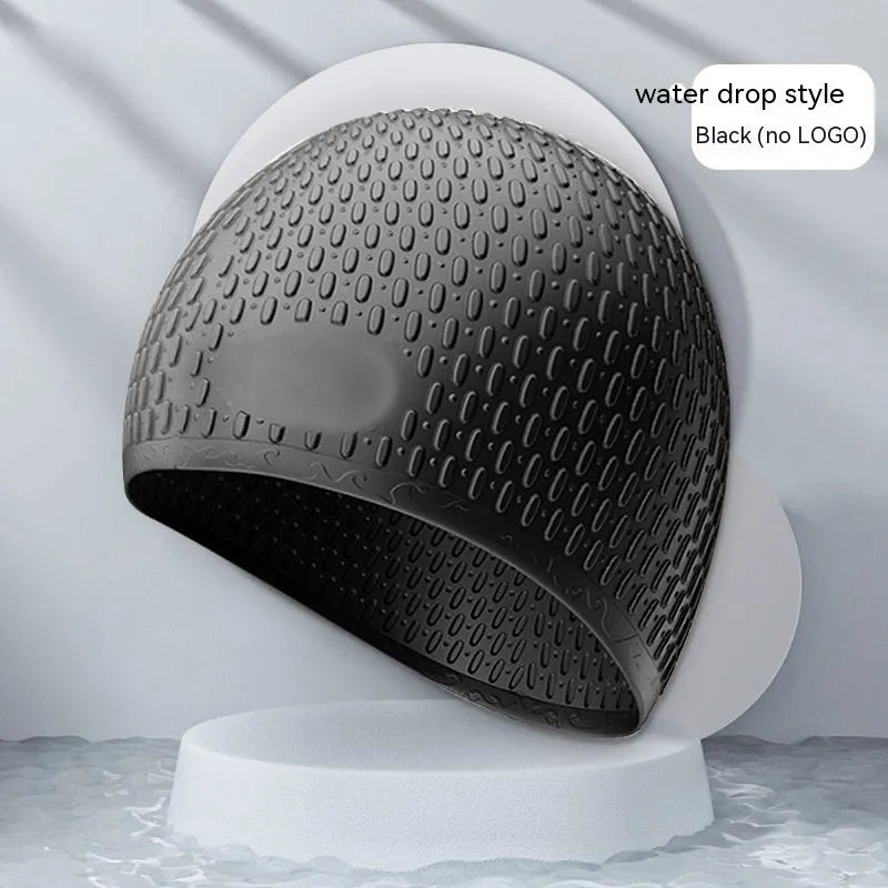 Silicone water drop swimming cap for adults in various solid colours on white background
