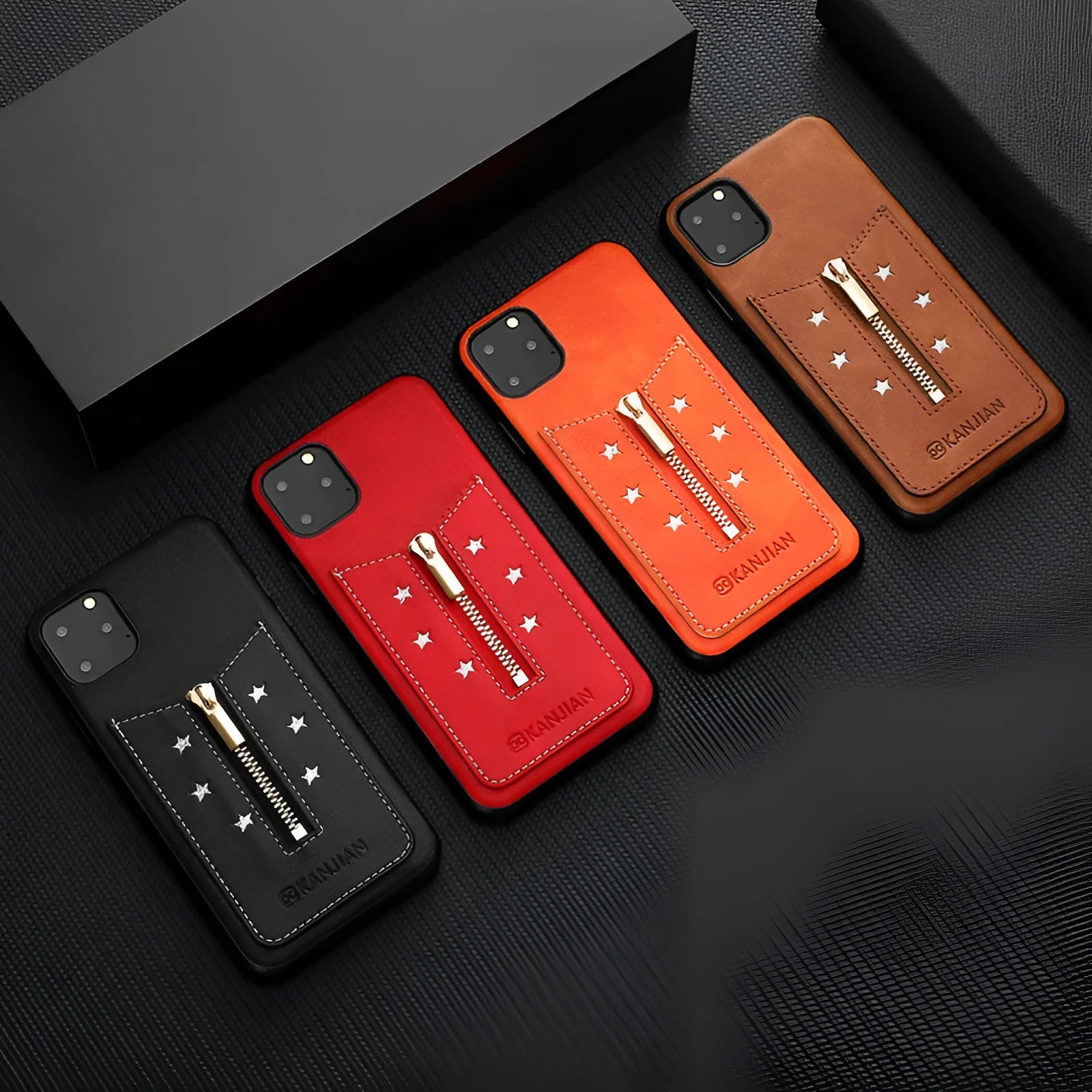Black PU leather zipper phone case for iPhone shown closed and open