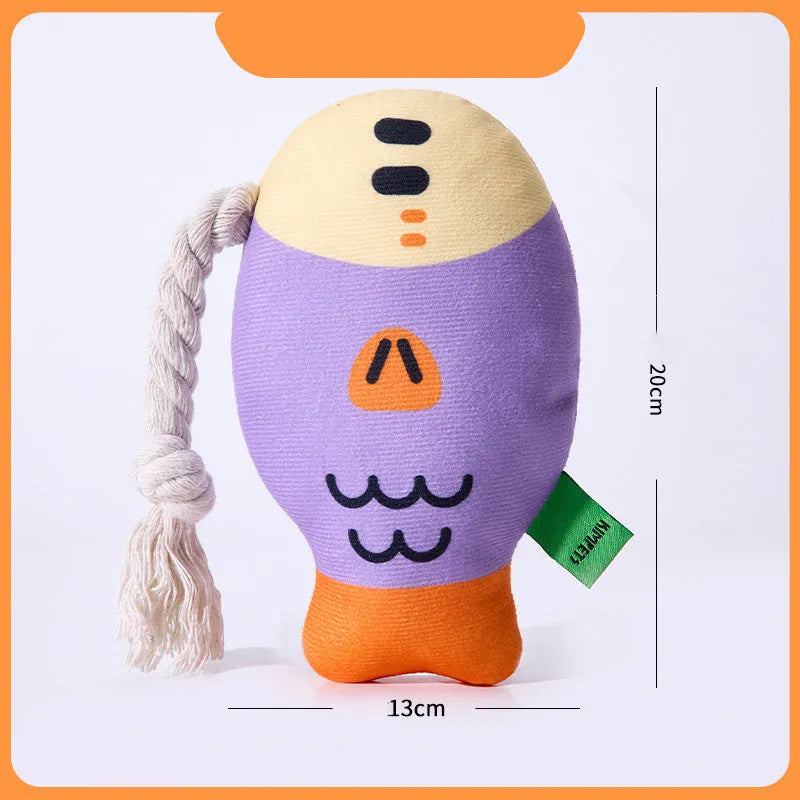 Plush Puffhead fish dog toy with squeaker, wear-resistant fabric, in green, purple, or yellow