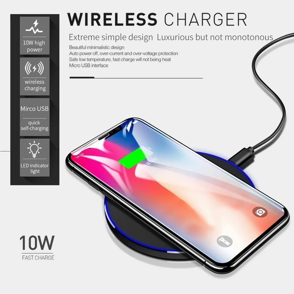 Black ultra-thin square wireless fast charger with USB cable on a desk