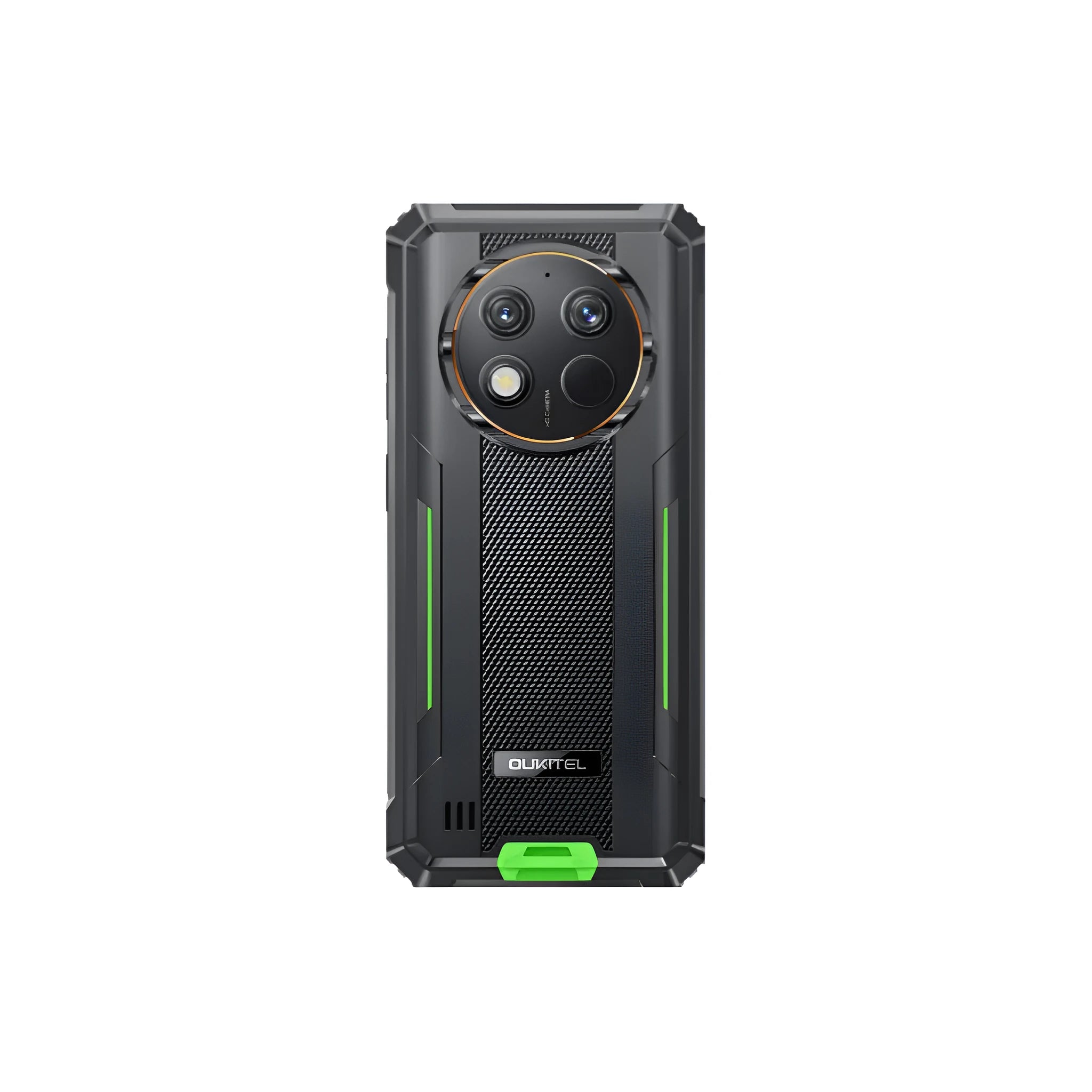 OUKITEL G1 mobile phone in grey, green and orange colours with included charger