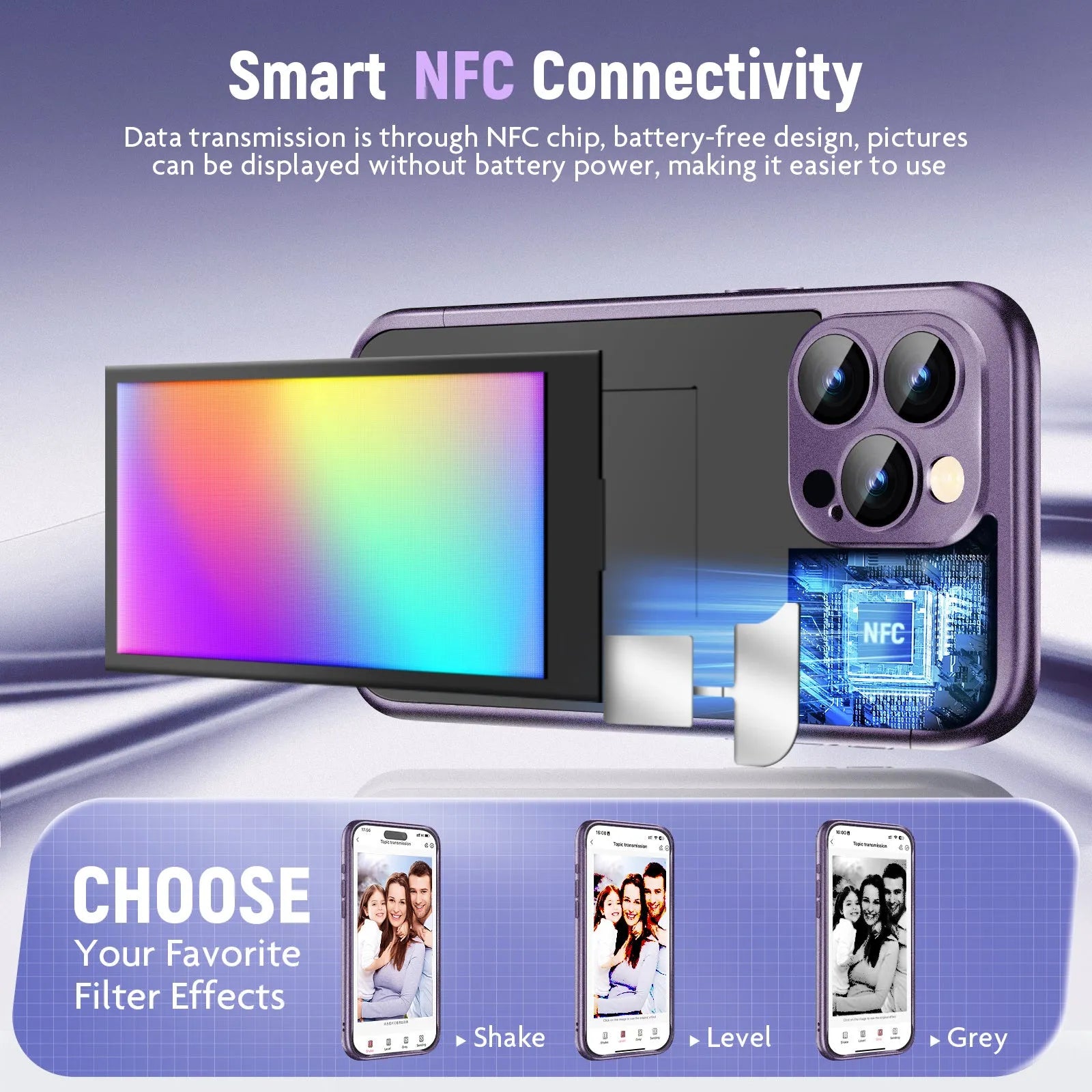 iPhone 15 Pro NFC ink screen flip phone case in black or purple colours