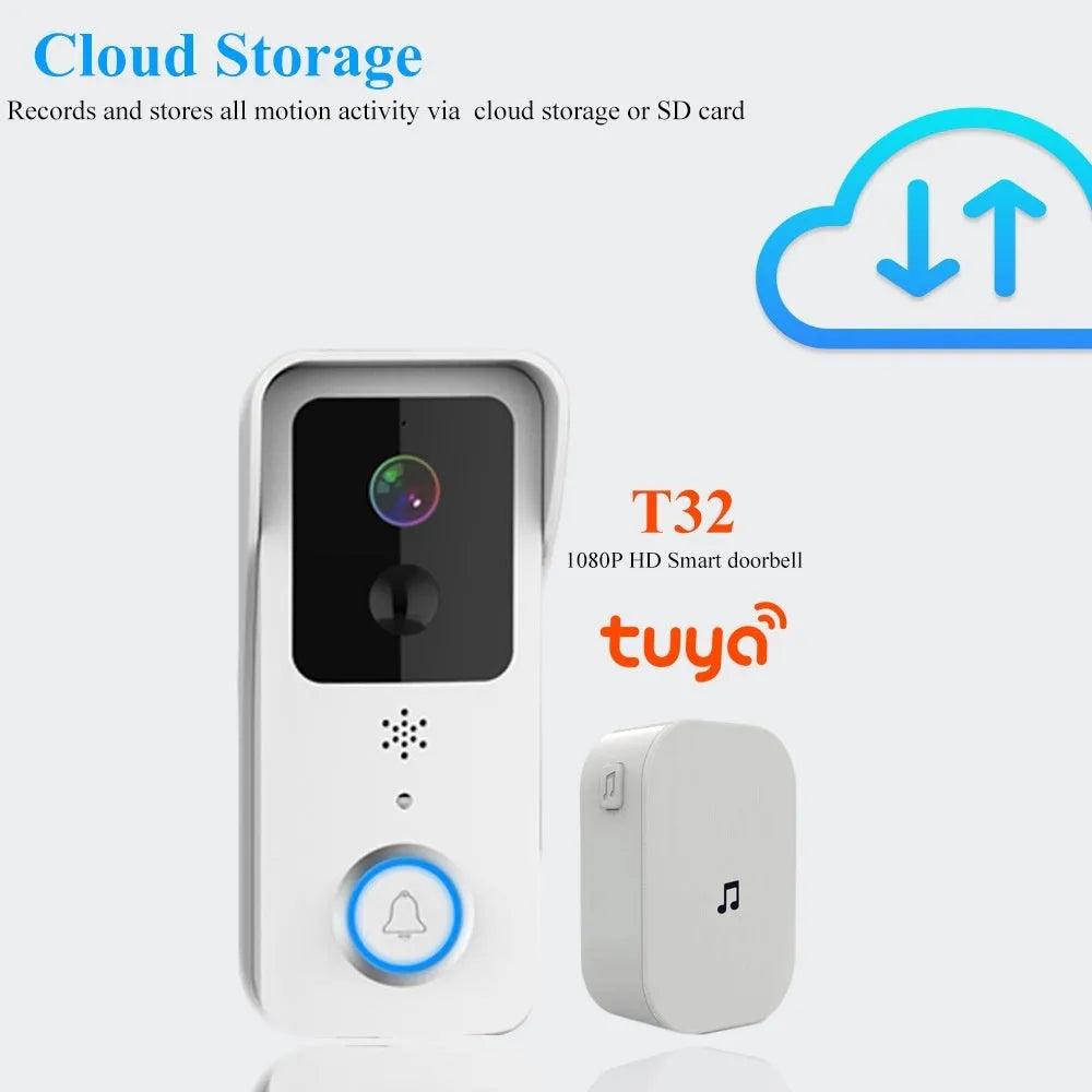 Smart waterproof HD visual doorbell intercom for front door security with rechargeable battery.