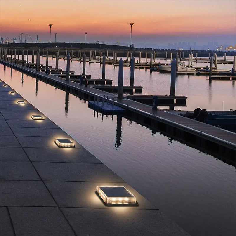 Solar floor tile lamp for outdoor staircase layout with aluminium body and glass shade