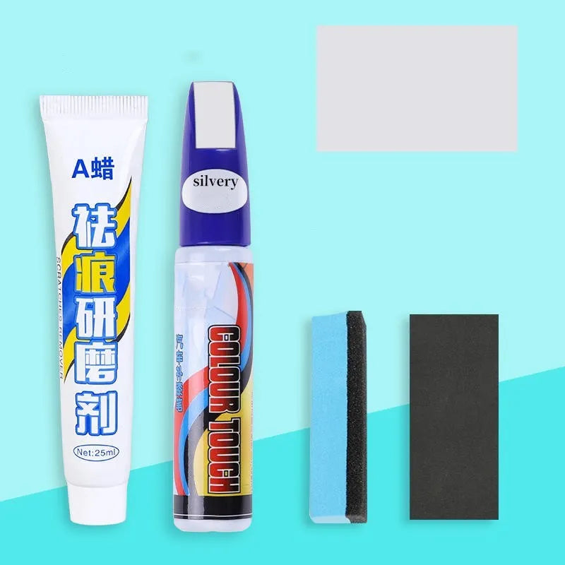 Automotive paint repair pen kit with touch-up paint, wax, sponge, and sandpaper for car scratches
