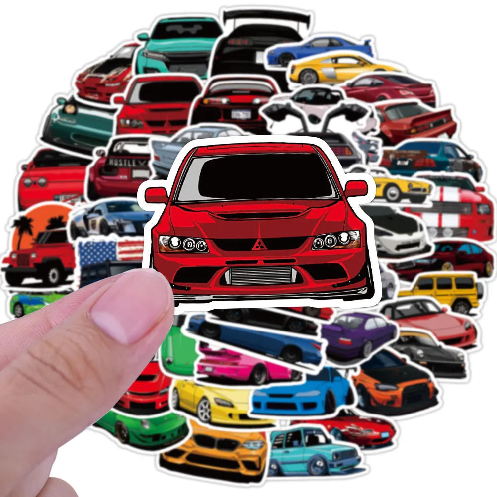 50 modified racing car graffiti stickers, 5-8cm adhesive decals for luggage and laptop decoration