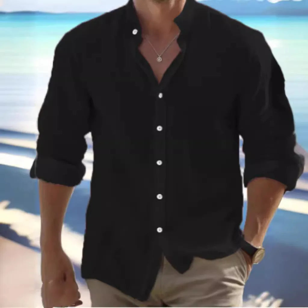 Men's light grey casual button-front cotton summer shirt on a hanger.