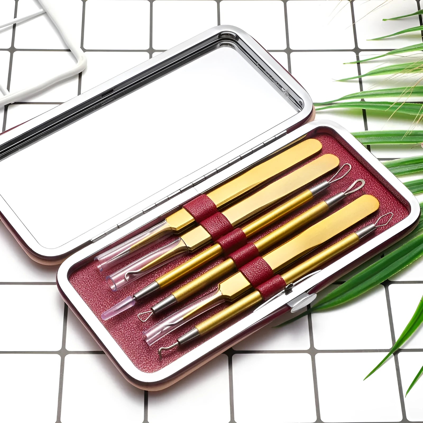 Six-piece stainless steel rose gold acne removal tool set with dual-purpose design