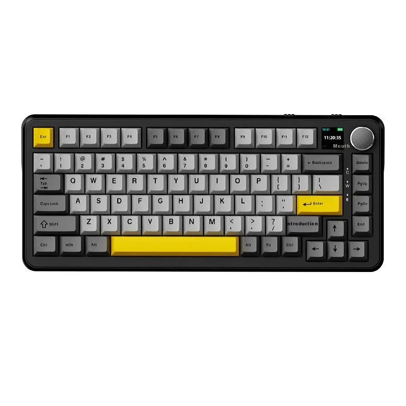 Black, grey and yellow mechanical keyboard with compact design and wireless connectivity options