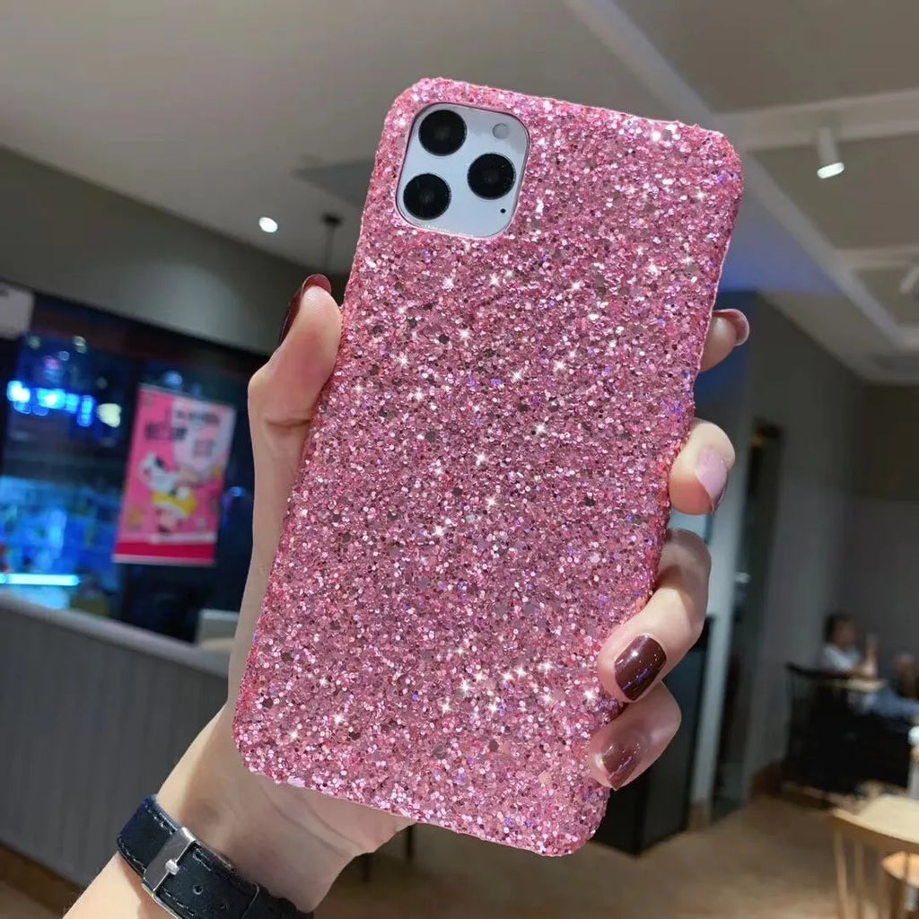 Glitter sequin back cover phone case for iPhone 11, X, XR, 7, 8, 6, 6S – pink colour with raised camera frame