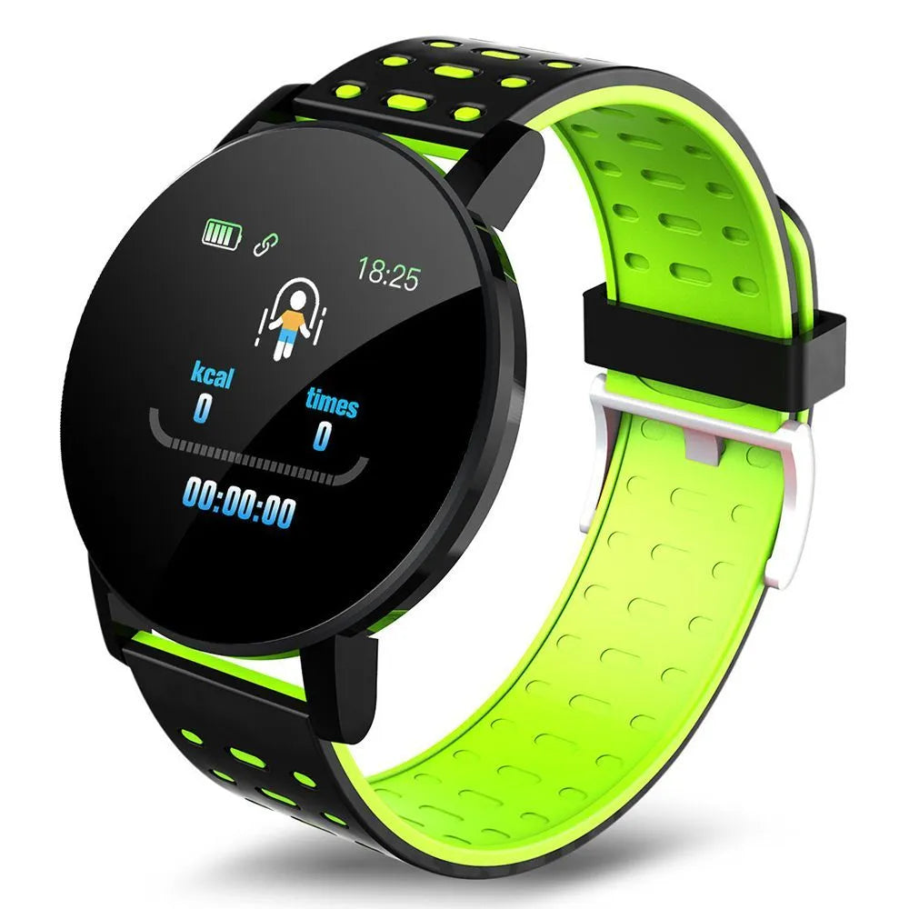 119 Plus Bluetooth smart watch with 1.3 inch LED display, TPU strap, heart rate monitor, Black Blue Green Red
