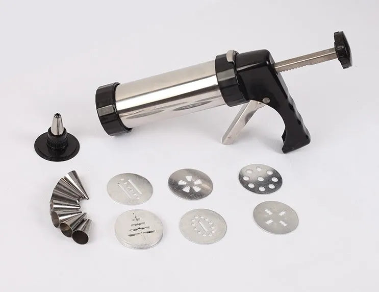 Stainless steel biscuit press gun with 13 cookie moulds and 8 piping nozzles for baking and cake decorating
