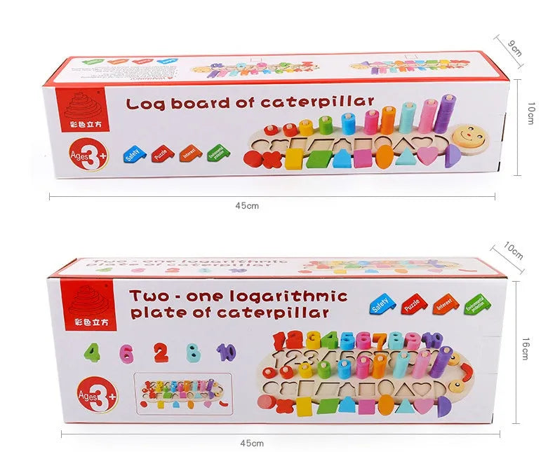 Wooden logarithmic board with colourful numbers geometric figures and beads for early childhood education