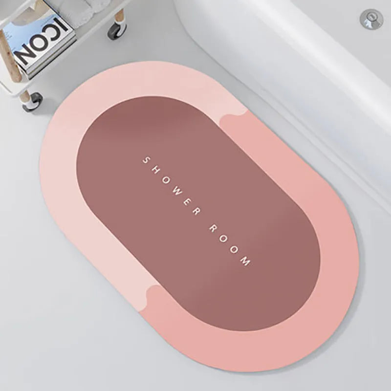 Diatom mud absorbent bathroom floor mat in blue rectangular shape on tiled floor