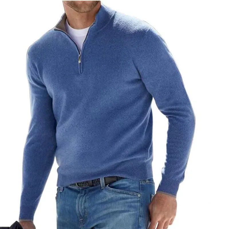 Men's fashion casual long sleeve V-neck cashmere zipper top in apricot, autumn sports leisure style, front view