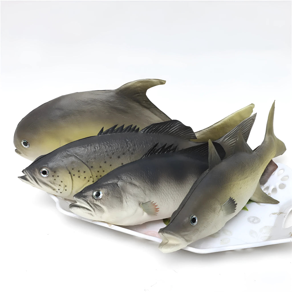 Three PU simulated fish ornaments: yellow-fin tuna, yellow fin tuna and small tuna models