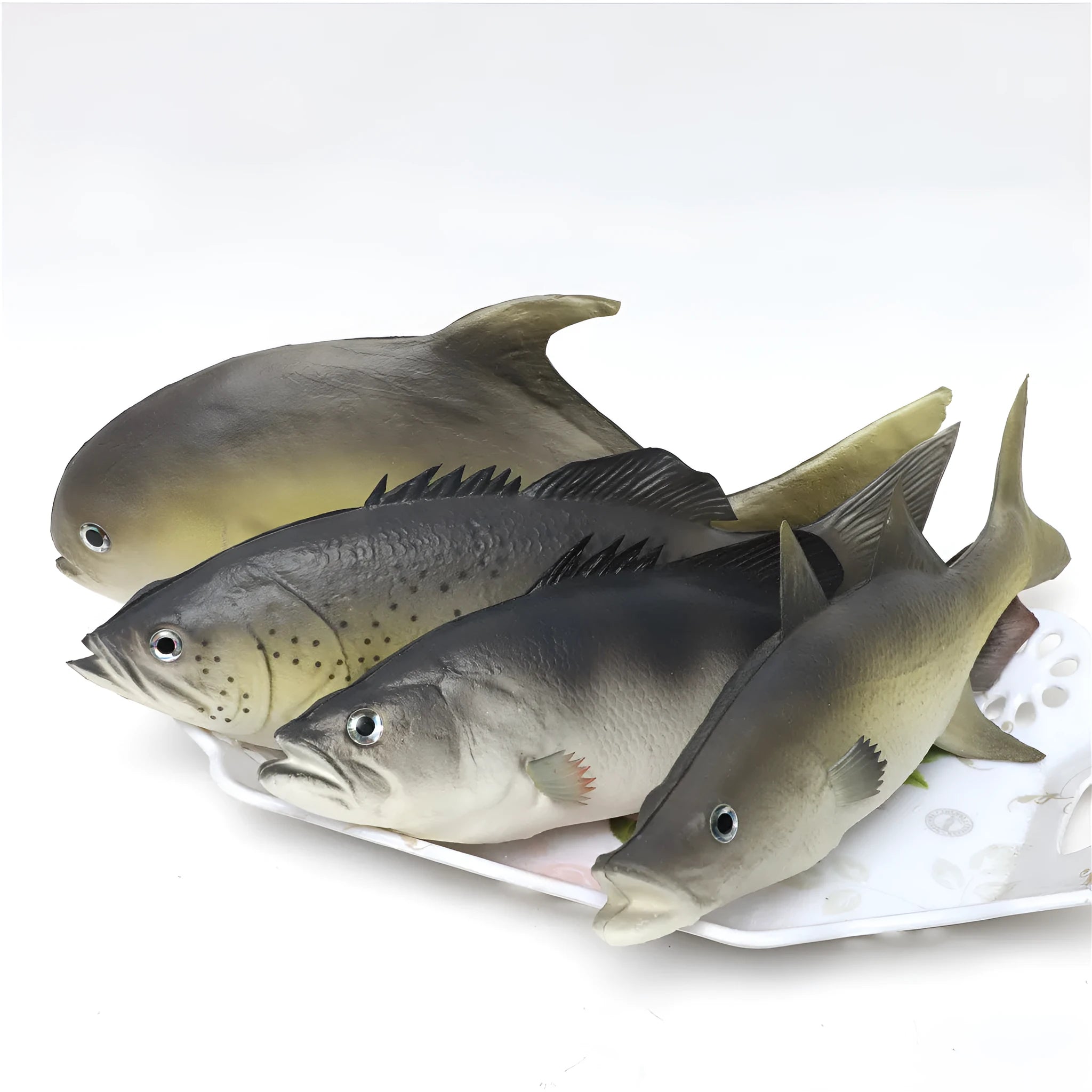 Three PU simulated fish ornaments: yellow-fin tuna, yellow fin tuna and small tuna models