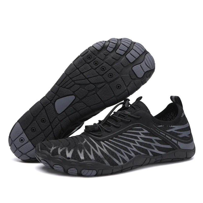 Unisex water shoes with non-slip rubber sole and Velcro closure in black and blue colour option