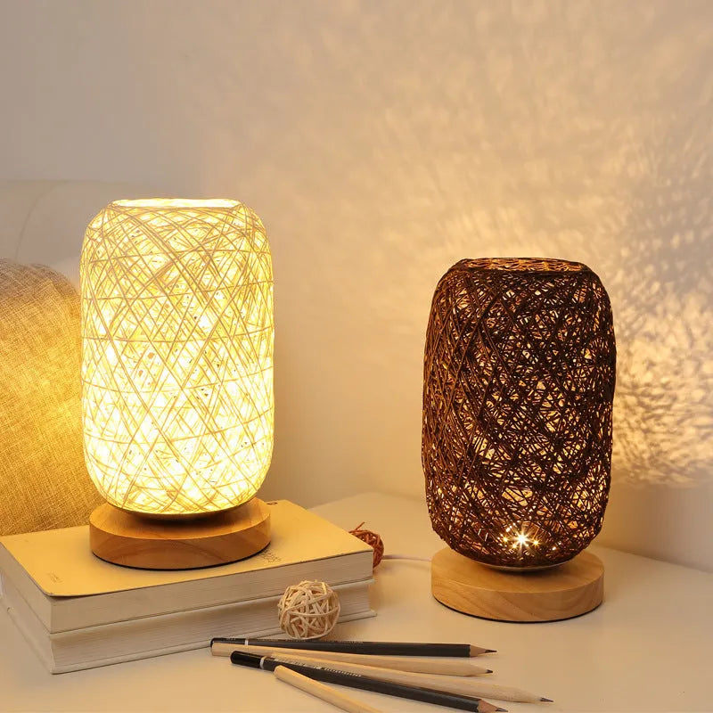 Wooden twine vine bal rechargeable bedside table lamp with warm LED light and beige, brown, optic linen, or blue lampshade.