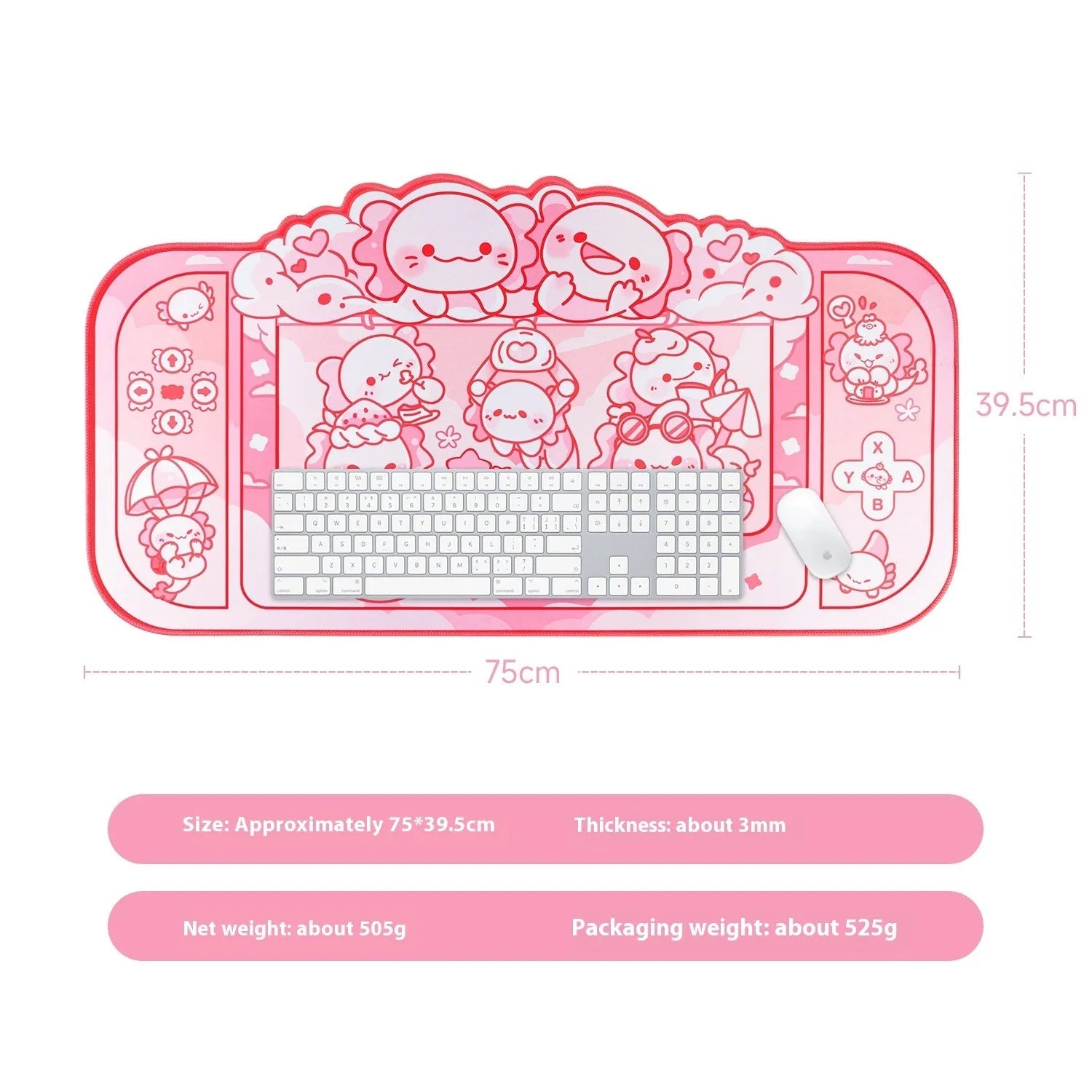 Hexagonal dragon crane machine cartoon anime print on a large 75x40 cm black cloth mouse pad with wrist rest.