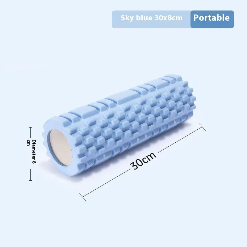 A firm EVA foam roller in a choice of colours like pink or black, shown in different sizes for fitness recovery.